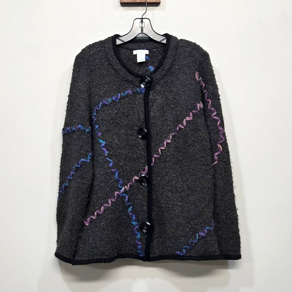 Vintage 90s‎ Laura Ashley Cardigan Sweater M Gray Wool Mohair Boucle Boho Artsy